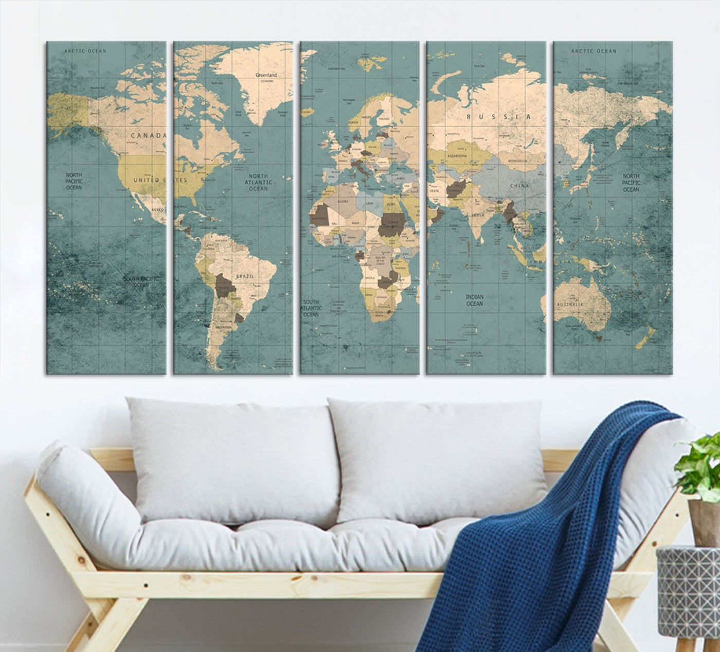 Classic World Map Wall Art Canvas Print, Framed Retro Map Art Picture Print, Vintage Atlas Perfect Rustic Explorer Decor Artwork