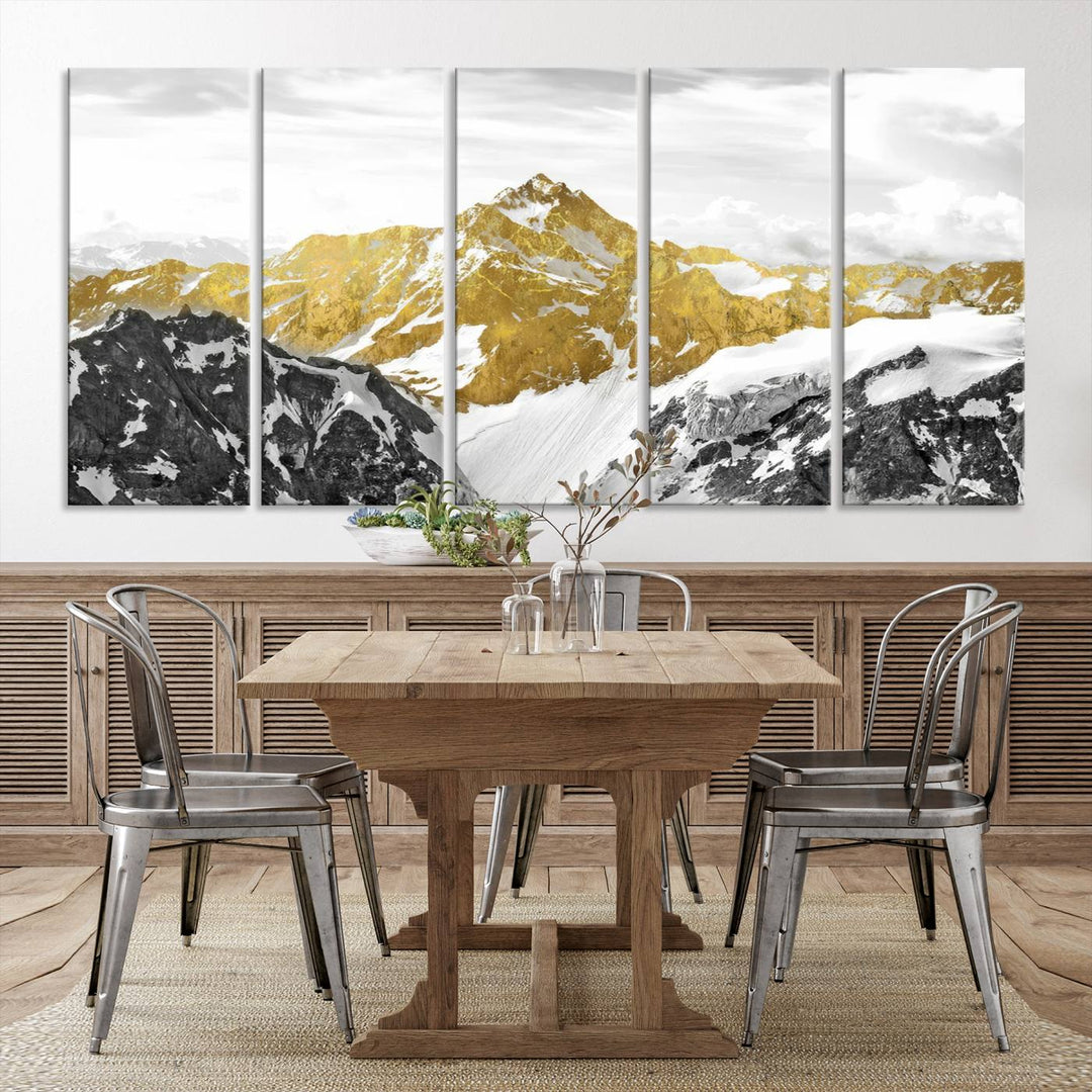 Gold Abstract Mountains Wall Art Print on Canvas.