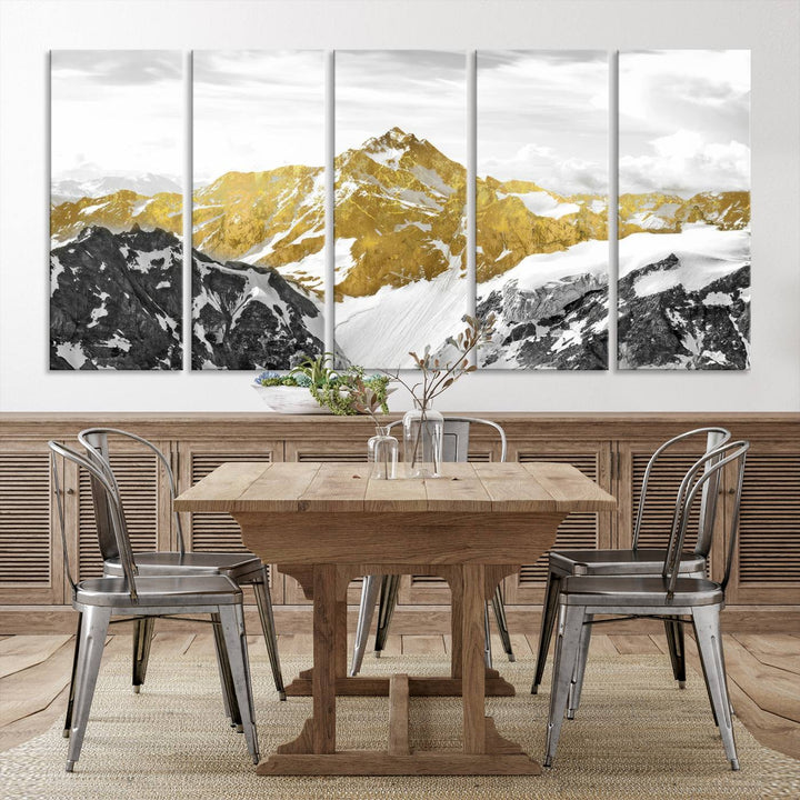 Gold Abstract Mountains Wall Art Print on Canvas.