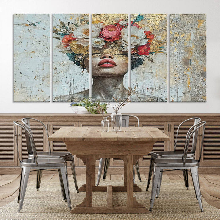 Golden Petal Silhouette Woman Wall Art Canvas Print Flower Head Woman Painting Floral Woman Portrait Wall Decor, Abstract Portrait Painting