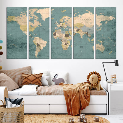 Classic World Map Wall Art Canvas Print, Framed Retro Map Art Picture Print, Vintage Atlas Perfect Rustic Explorer Decor Artwork