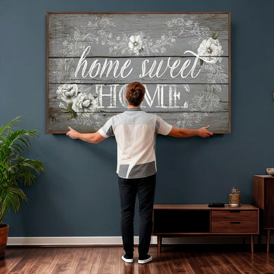 Home Sweet Home Sign Wall Art Canvas Print, Floral Farmhouse Decor