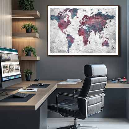Push Pin World Map Canvas Print – Framed Wall Art for Couples to Track Their Travels – Anniversary Gift or Home Adventure Decor