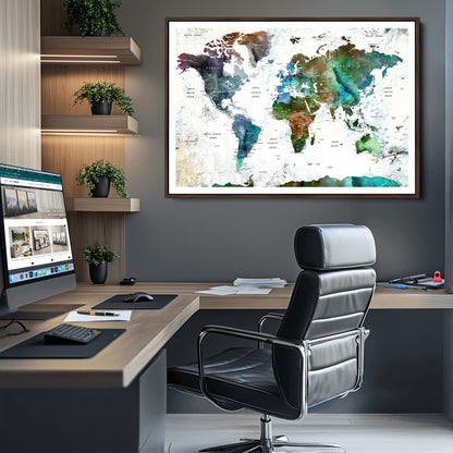 Push Pin World Map Canvas Print – Framed Wall Art for Couples to Track Their Travels – Anniversary Gift or Home Adventure Decor
