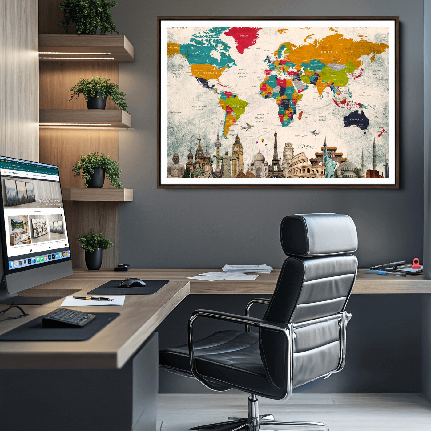 Push Pin World Map Canvas Print – Framed Wall Art for Couples to Track Their Travels – Anniversary Gift or Home Adventure Decor