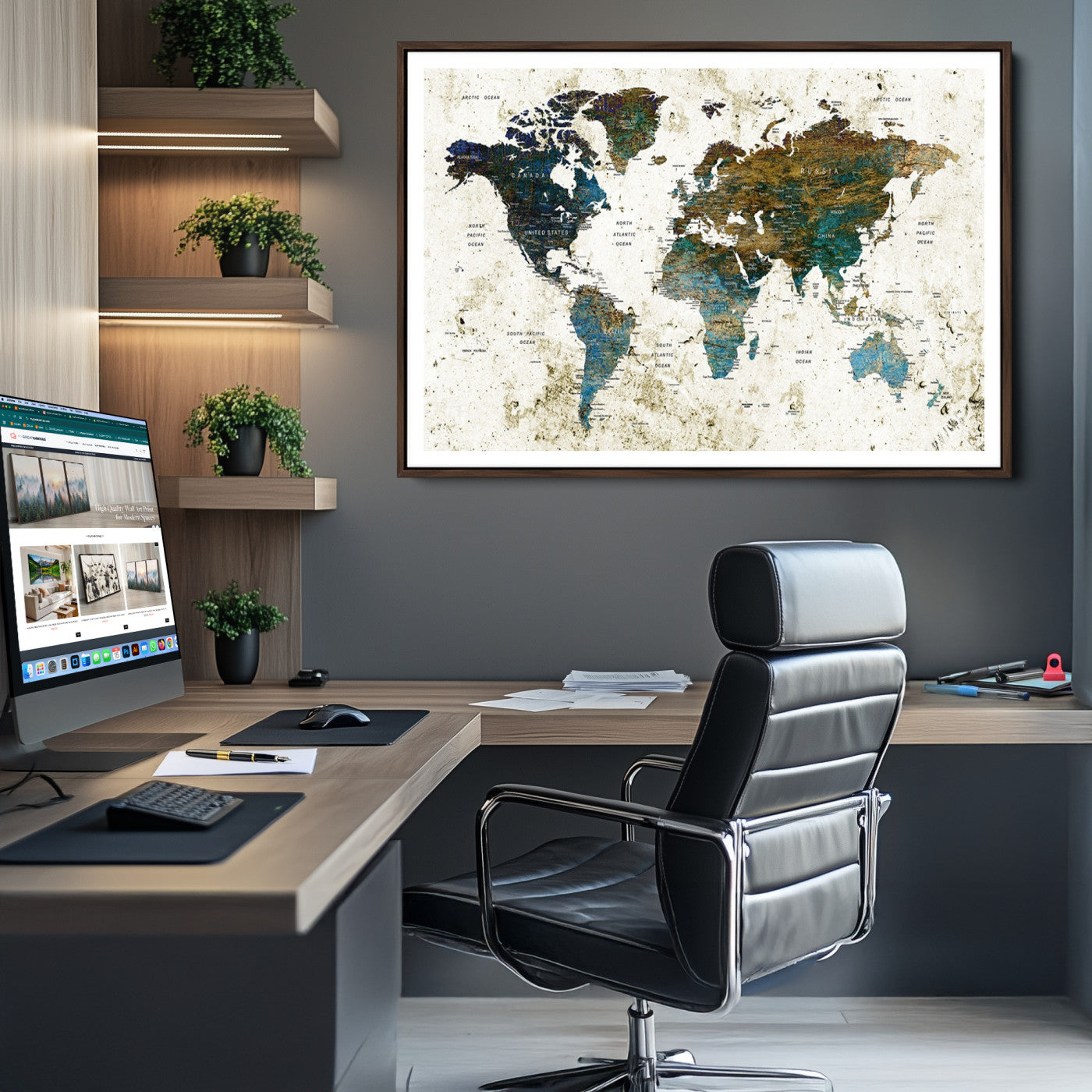 Vintage World Map Wall Art Canvas Print, Framed Rustic Earth Map Art Picture Print, Antique Map Perfect Rustic Vintage Decor Artwork