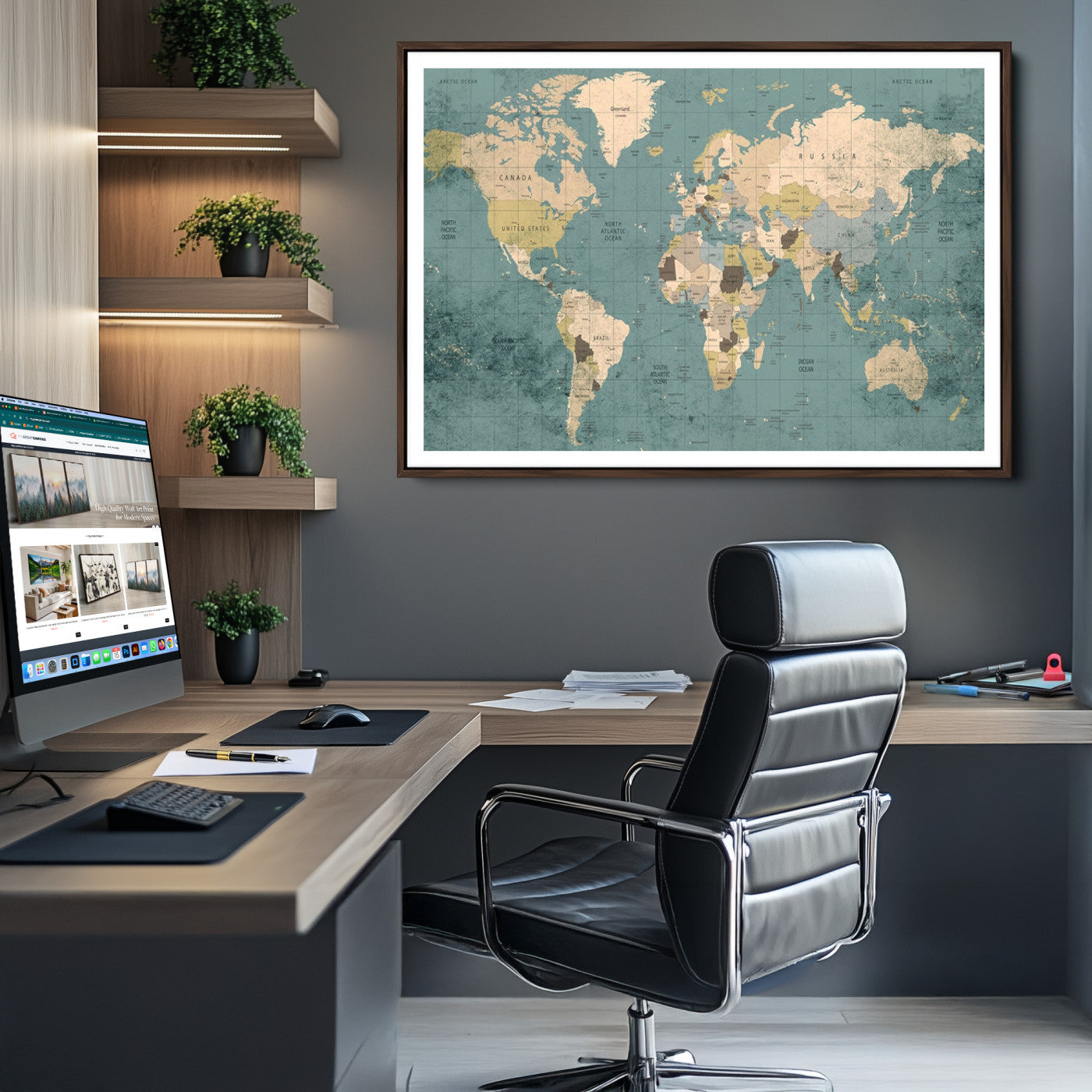 Classic World Map Wall Art Canvas Print, Framed Retro Map Art Picture Print, Vintage Atlas Perfect Rustic Explorer Decor Artwork