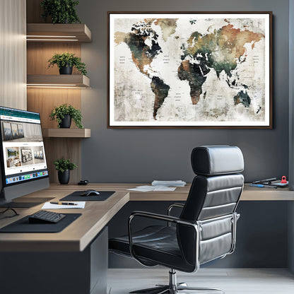 Push Pin World Map Canvas Print – Framed Wall Art for Couples to Track Their Travels – Anniversary Gift or Home Adventure Decor