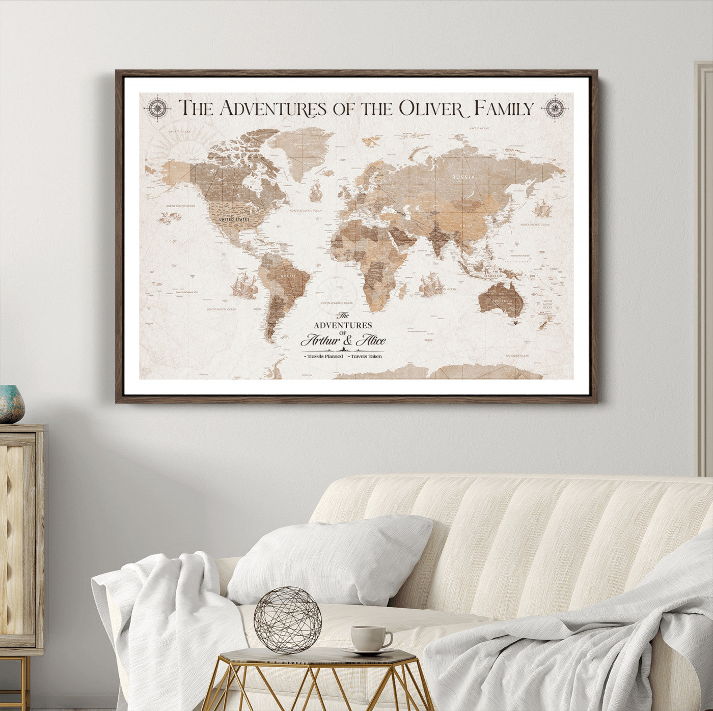 58395047-MGC-FP-36x24_Walnut-Personalized Framed World Map Canvas Wall Art Print – Custom Push Pin Travel Tracker Lover - Custom World Map on Canvas