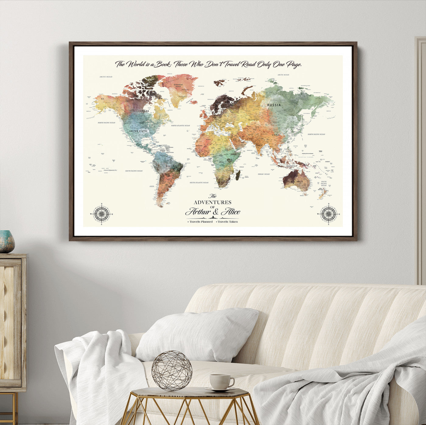 40183091-MGC-FP-36x24-Custom Framed World Map Canvas Print – Personalized Push Pin Travel Tracker Gift for Couples, Weddings, or Anniversary Celebrations
