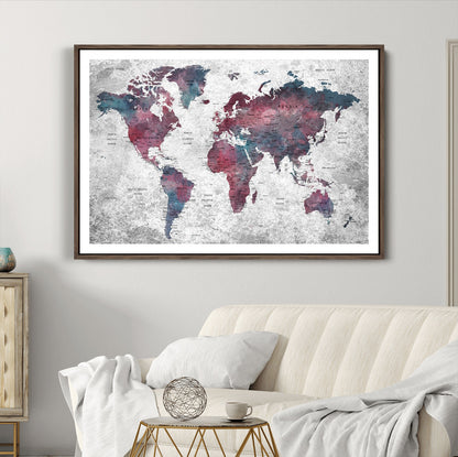 Push Pin World Map Canvas Print – Framed Wall Art for Couples to Track Their Travels – Anniversary Gift or Home Adventure Decor
