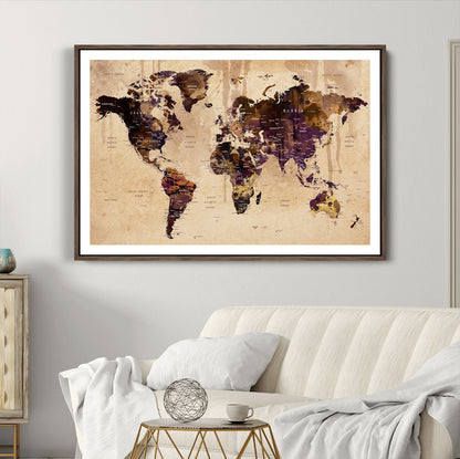 Push Pin World Map Canvas Print – Framed Wall Art for Couples to Track Their Travels – Anniversary Gift or Home Adventure Decor