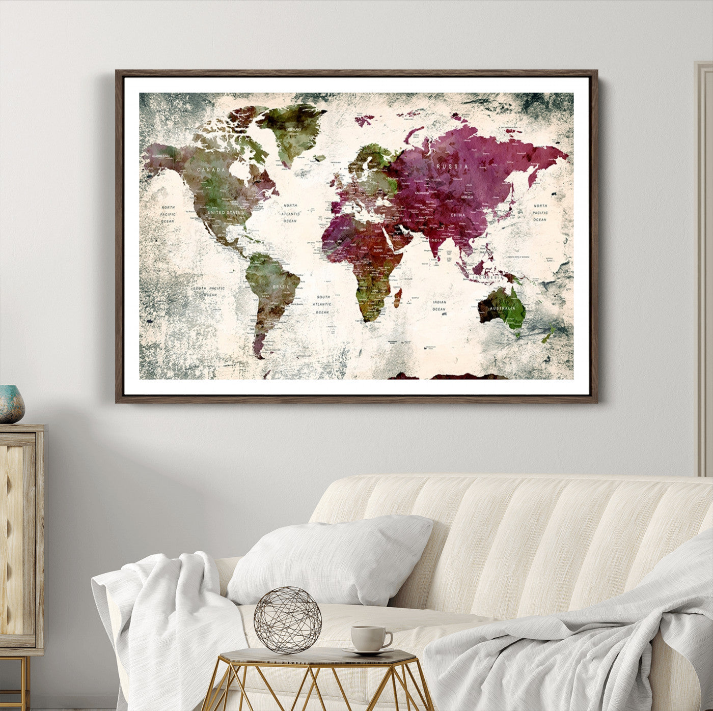 Push Pin World Map Canvas Print – Framed Wall Art for Couples to Track Their Travels – Anniversary Gift or Home Adventure Decor
