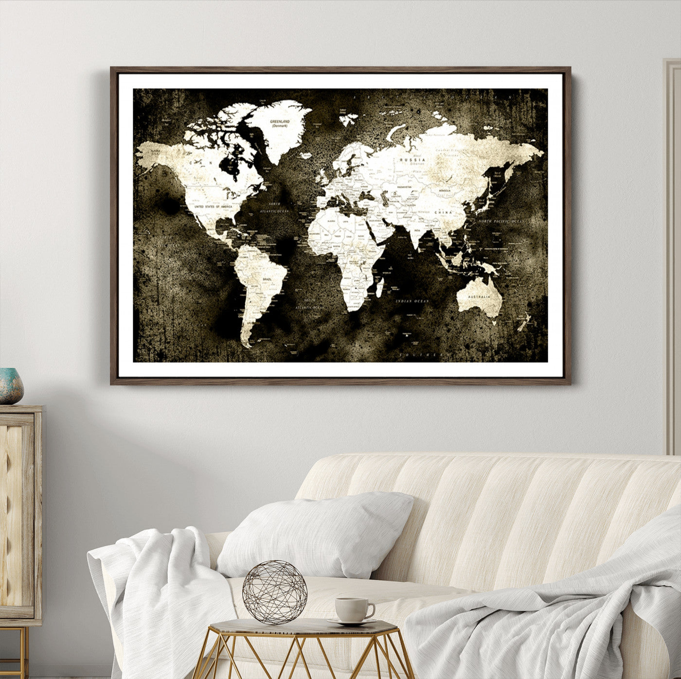 66737-MGC-FP-36x24_Walnut-Push Pin World Map Canvas Print – Framed Wall Art for Couples to Track Their Travels – Anniversary Gift or Home Adventure Decor