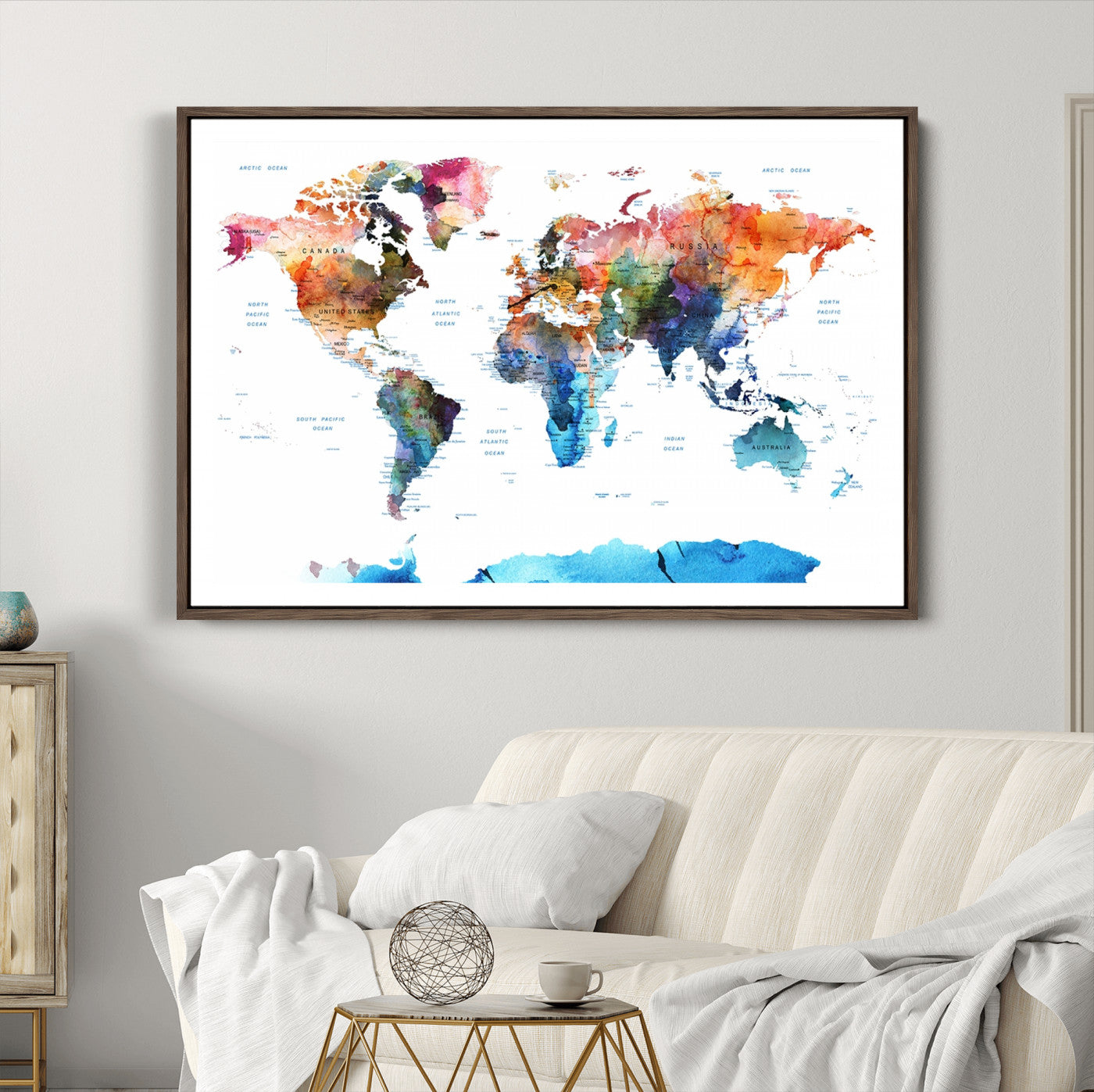 Push Pin World Map Canvas Print – Framed Wall Art for Couples to Track Their Travels – Anniversary Gift or Home Adventure Decor