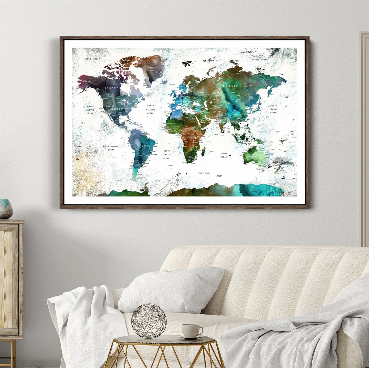 Push Pin World Map Canvas Print – Framed Wall Art for Couples to Track Their Travels – Anniversary Gift or Home Adventure Decor