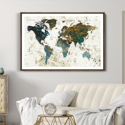 Vintage World Map Wall Art Canvas Print, Framed Rustic Earth Map Art Picture Print, Antique Map Perfect Rustic Vintage Decor Artwork