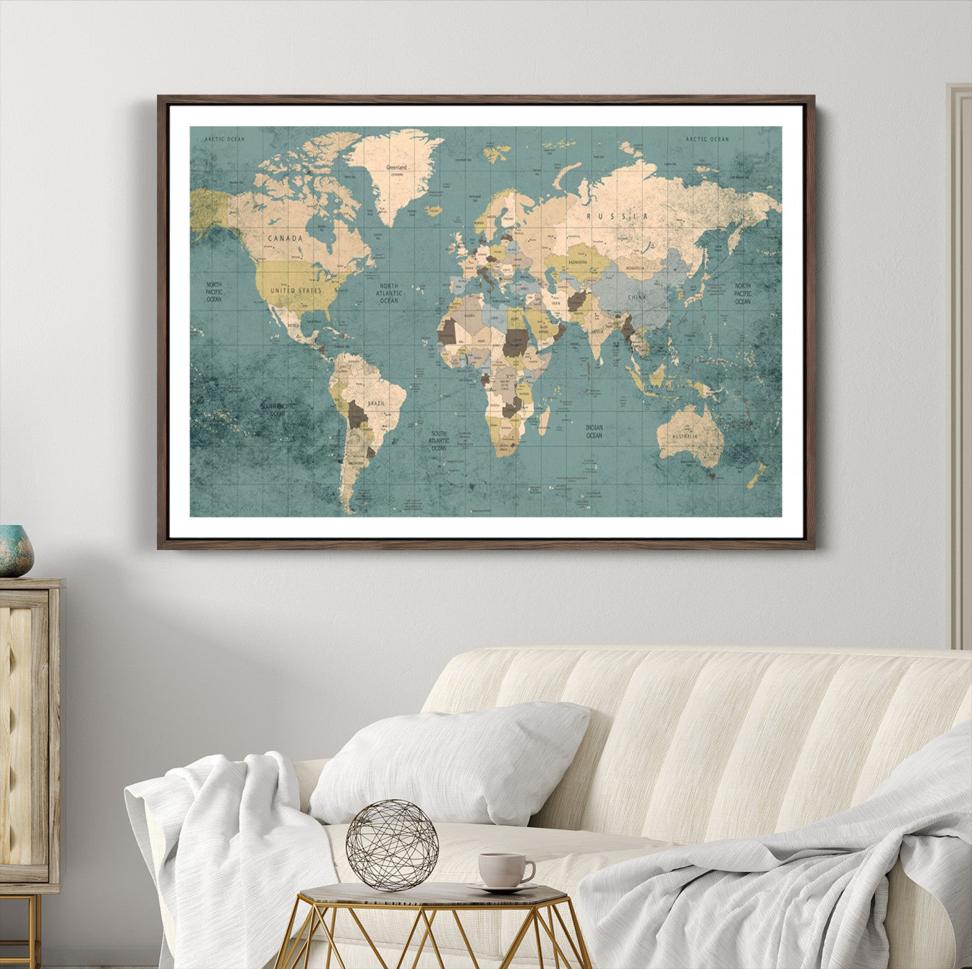 Classic World Map Wall Art Canvas Print, Framed Retro Map Art Picture Print, Vintage Atlas Perfect Rustic Explorer Decor Artwork