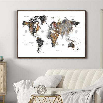 Push Pin World Map Canvas Print – Framed Wall Art for Couples to Track Their Travels – Anniversary Gift or Home Adventure Decor