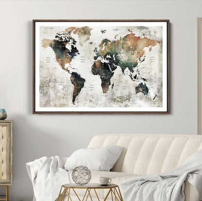 Push Pin World Map Canvas Print – Framed Wall Art for Couples to Track Their Travels – Anniversary Gift or Home Adventure Decor