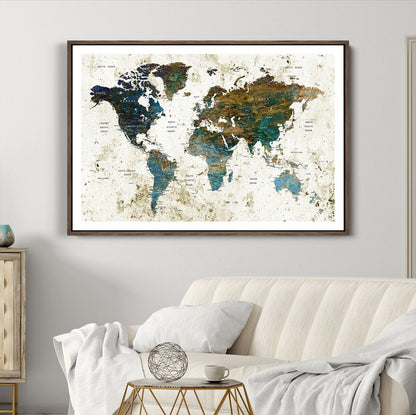 Push Pin World Map Canvas Print – Framed Wall Art for Couples to Track Their Travels – Anniversary Gift or Home Adventure Decor