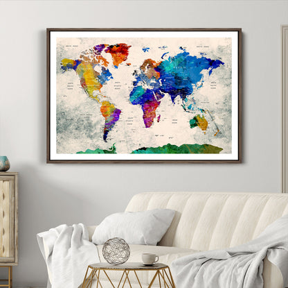 Push Pin World Map Canvas Print – Framed Wall Art for Couples to Track Their Travels – Anniversary Gift or Home Adventure Decor