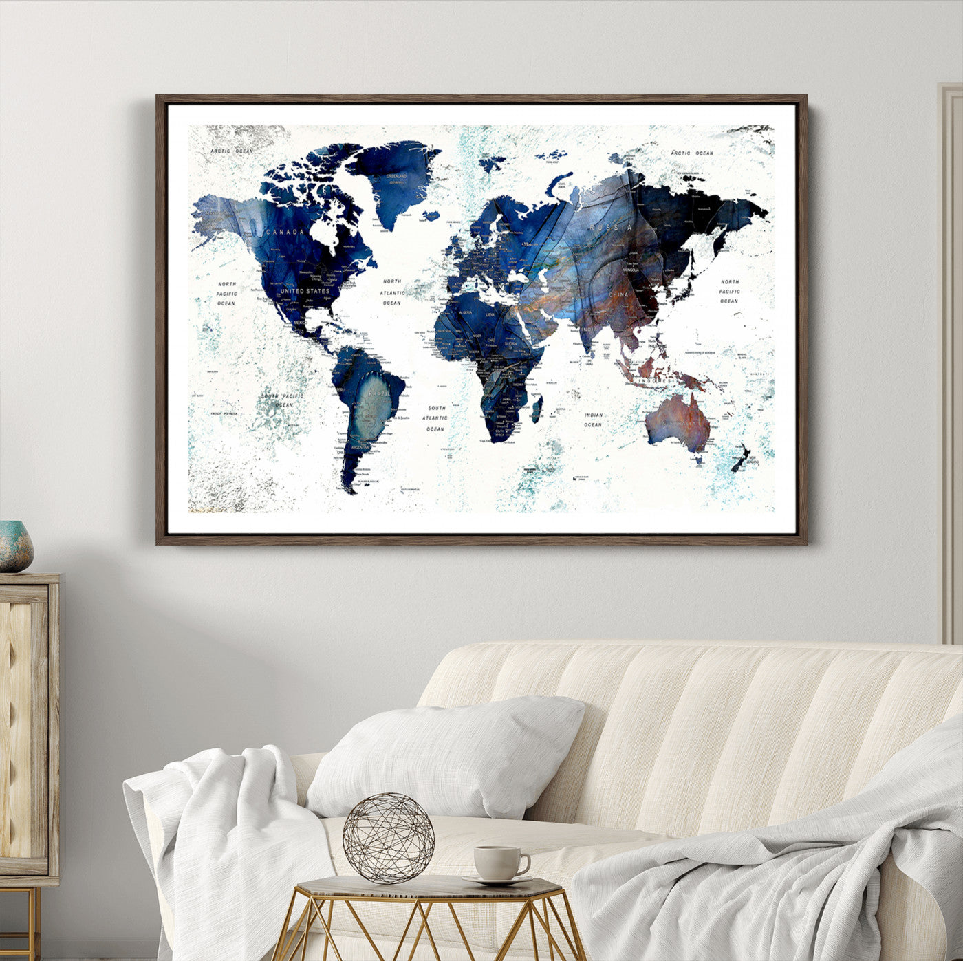 Push Pin World Map Canvas Print – Framed Wall Art for Couples to Track Their Travels – Anniversary Gift or Home Adventure Decor
