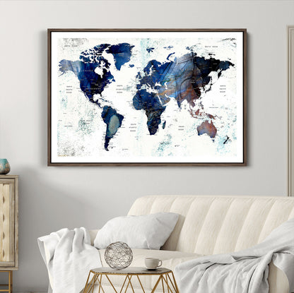 Push Pin World Map Canvas Print – Framed Wall Art for Couples to Track Their Travels – Anniversary Gift or Home Adventure Decor