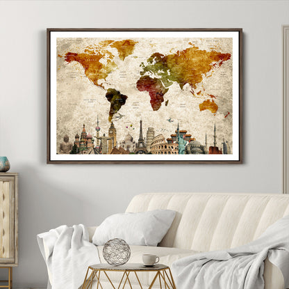 Push Pin World Map Canvas Print – Framed Wall Art for Couples to Track Their Travels – Anniversary Gift or Home Adventure Decor