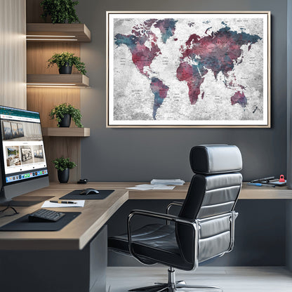 Push Pin World Map Canvas Print – Framed Wall Art for Couples to Track Their Travels – Anniversary Gift or Home Adventure Decor