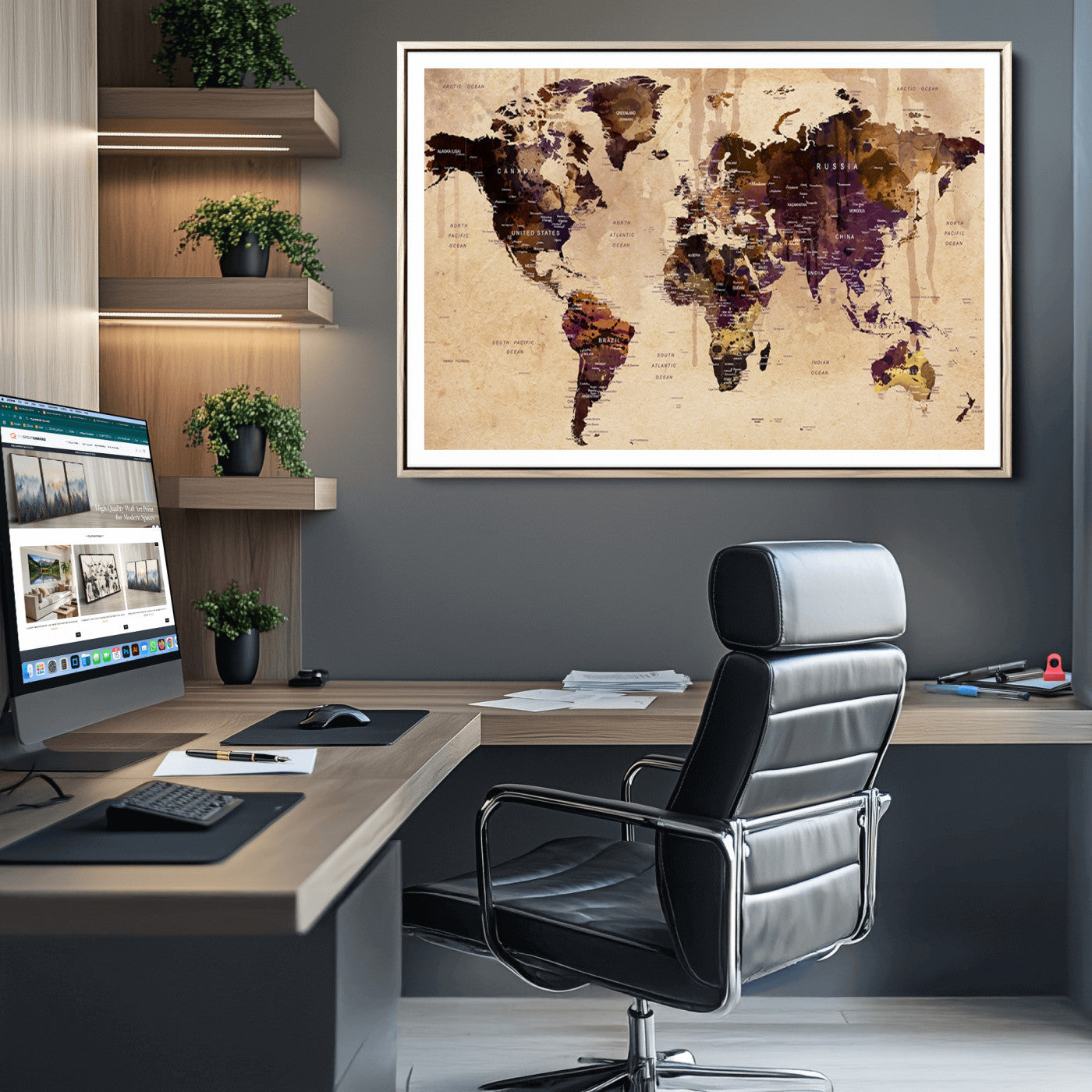 Push Pin World Map Canvas Print – Framed Wall Art for Couples to Track Their Travels – Anniversary Gift or Home Adventure Decor
