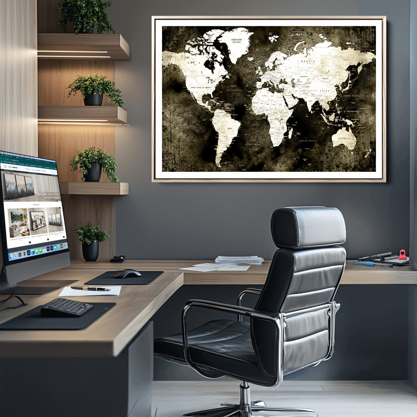 66737-MGC-FP-36x24_Natural-Push Pin World Map Canvas Print – Framed Wall Art for Couples to Track Their Travels – Anniversary Gift or Home Adventure Decor