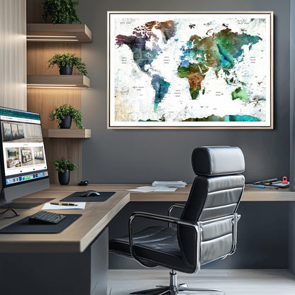 Push Pin World Map Canvas Print – Framed Wall Art for Couples to Track Their Travels – Anniversary Gift or Home Adventure Decor