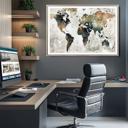 Push Pin World Map Canvas Print – Framed Wall Art for Couples to Track Their Travels – Anniversary Gift or Home Adventure Decor