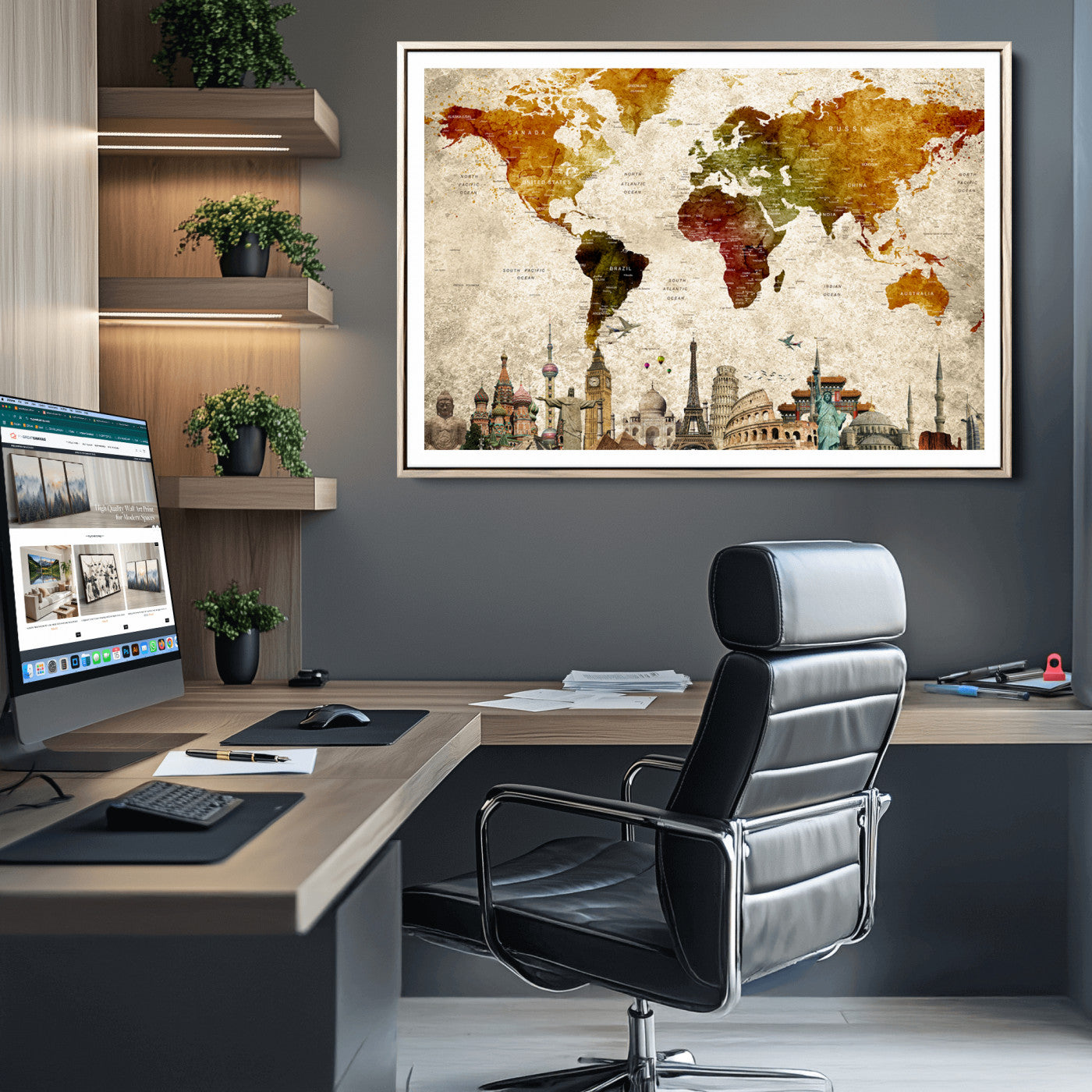 Push Pin World Map Canvas Print – Framed Wall Art for Couples to Track Their Travels – Anniversary Gift or Home Adventure Decor