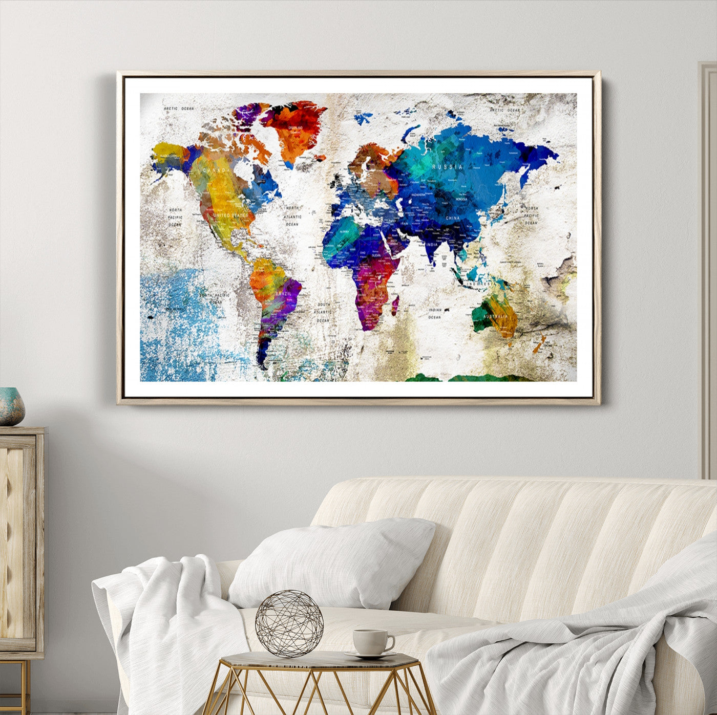 Push Pin World Map Canvas Print – Framed Wall Art for Couples to Track Their Travels – Anniversary Gift or Home Adventure Decor