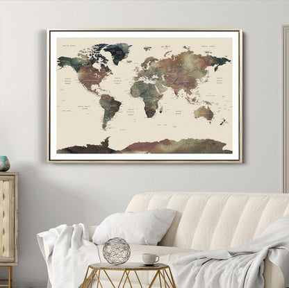 Push Pin World Map Canvas Print – Framed Wall Art for Couples to Track Their Travels – Anniversary Gift or Home Adventure Decor