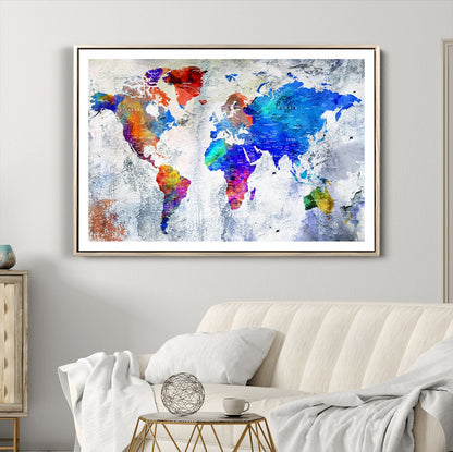 Push Pin World Map Canvas Print – Framed Wall Art for Couples to Track Their Travels – Anniversary Gift or Home Adventure Decor