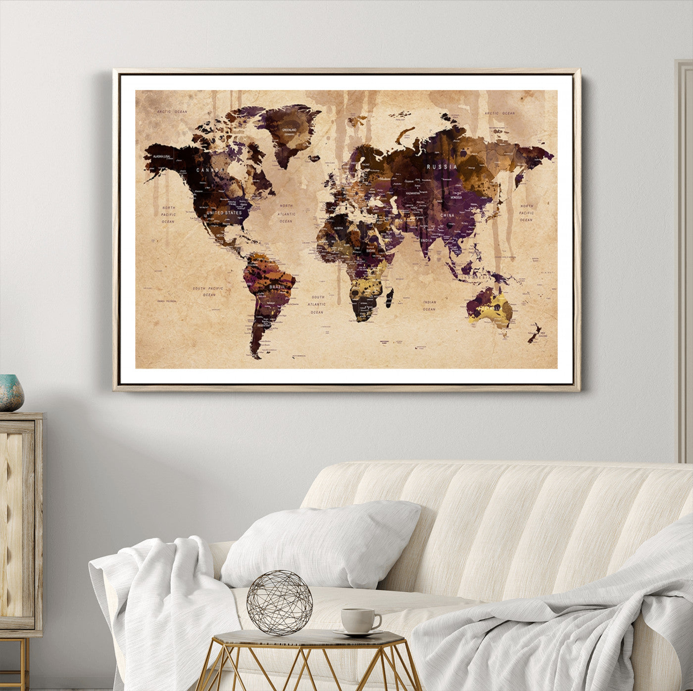 Push Pin World Map Canvas Print – Framed Wall Art for Couples to Track Their Travels – Anniversary Gift or Home Adventure Decor