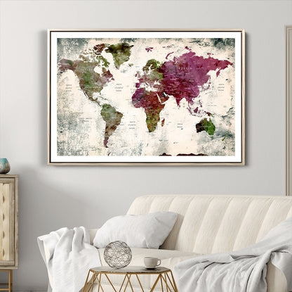 Push Pin World Map Canvas Print – Framed Wall Art for Couples to Track Their Travels – Anniversary Gift or Home Adventure Decor