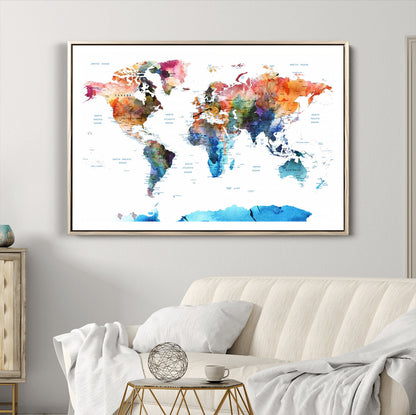 Push Pin World Map Canvas Print – Framed Wall Art for Couples to Track Their Travels – Anniversary Gift or Home Adventure Decor
