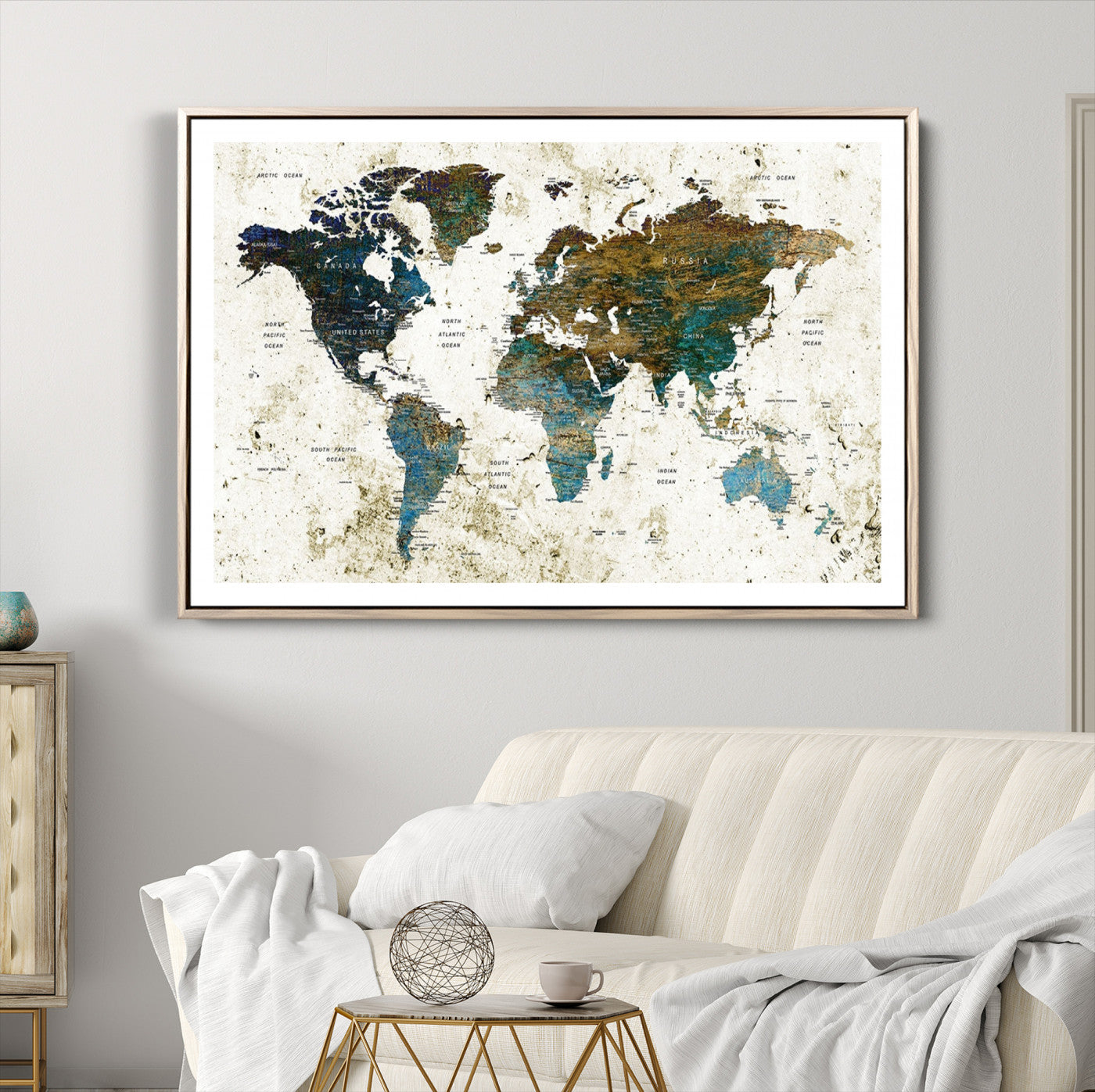 Vintage World Map Wall Art Canvas Print, Framed Rustic Earth Map Art Picture Print, Antique Map Perfect Rustic Vintage Decor Artwork