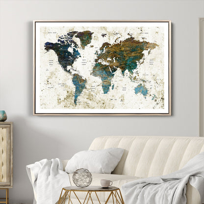Vintage World Map Wall Art Canvas Print, Framed Rustic Earth Map Art Picture Print, Antique Map Perfect Rustic Vintage Decor Artwork