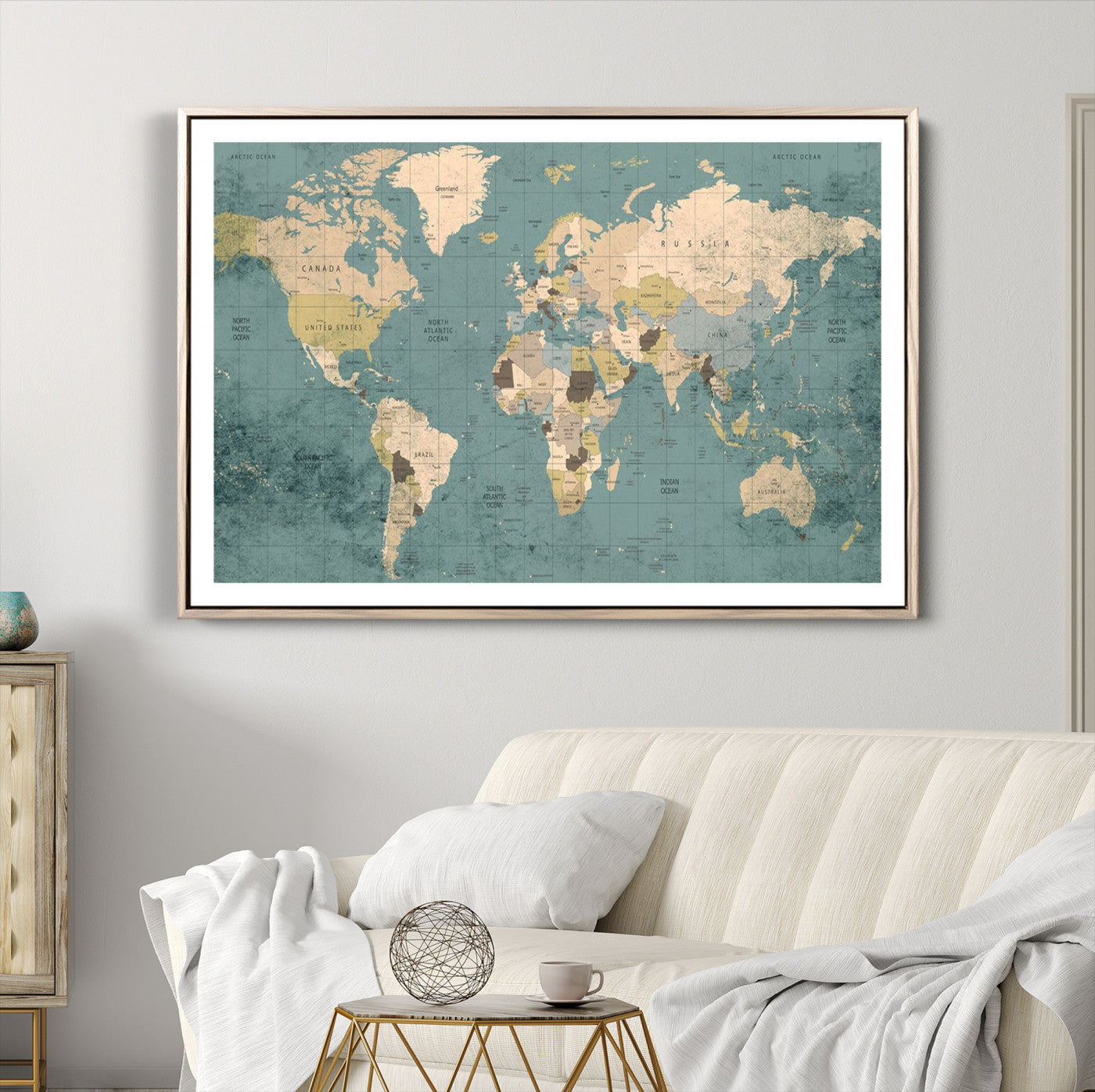 Classic World Map Wall Art Canvas Print, Framed Retro Map Art Picture Print, Vintage Atlas Perfect Rustic Explorer Decor Artwork