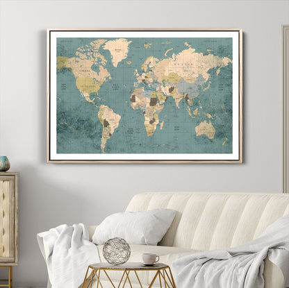 Classic World Map Wall Art Canvas Print, Framed Retro Map Art Picture Print, Vintage Atlas Perfect Rustic Explorer Decor Artwork