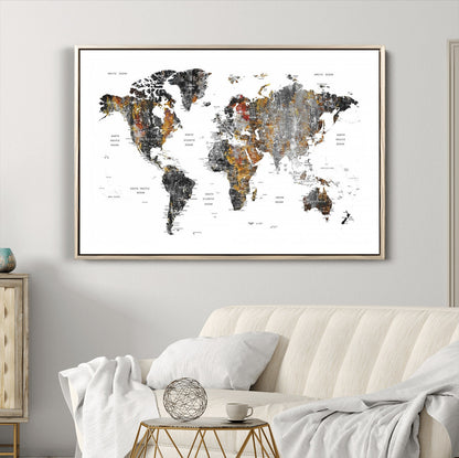 Push Pin World Map Canvas Print – Framed Wall Art for Couples to Track Their Travels – Anniversary Gift or Home Adventure Decor
