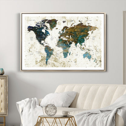 Push Pin World Map Canvas Print – Framed Wall Art for Couples to Track Their Travels – Anniversary Gift or Home Adventure Decor