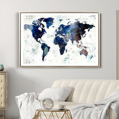 Push Pin World Map Canvas Print – Framed Wall Art for Couples to Track Their Travels – Anniversary Gift or Home Adventure Decor