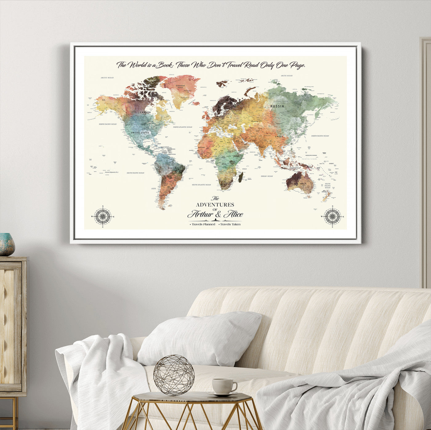 40183091-MGC-FP-36x24-Custom Framed World Map Canvas Print – Personalized Push Pin Travel Tracker Gift for Couples, Weddings, or Anniversary Celebrations