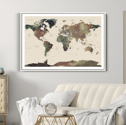 Push Pin World Map Canvas Print – Framed Wall Art for Couples to Track Their Travels – Anniversary Gift or Home Adventure Decor